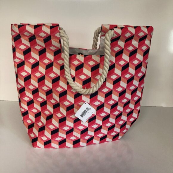 Macy’s Tote Bag Pink Navy Large Beach Travel Canvas Shoulder Rope Handles NEW - Picture 5 of 6